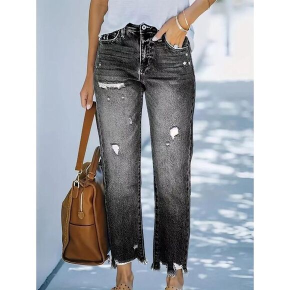 Everyday the Label Denim - Everyday the Label Distressed Straight Leg Jeans Women Dark Gray